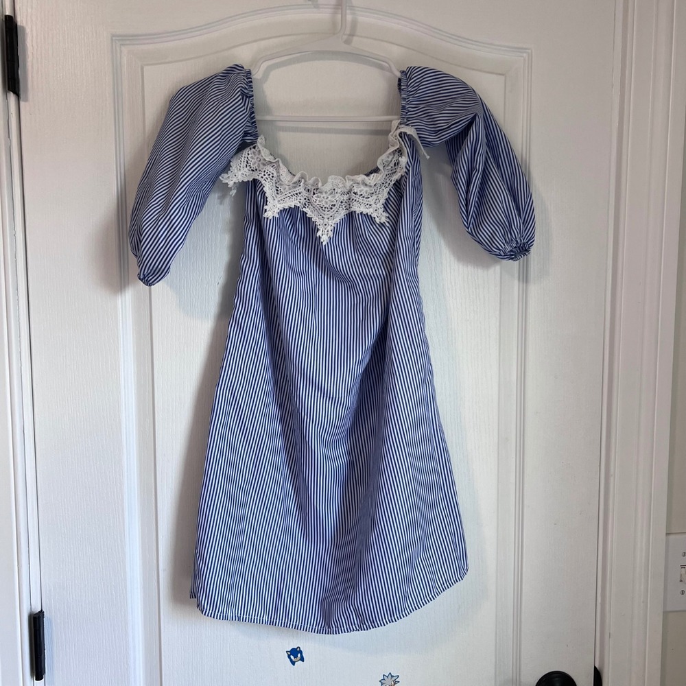 Blue White Striped Off-Shoulder Mini Dress with Crochet Lace Trim and Waist Tie